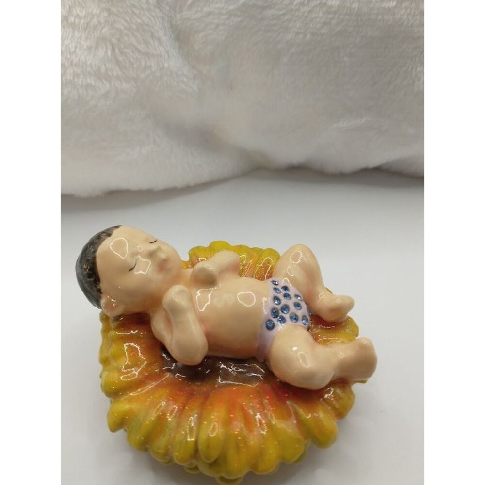 Hand-Painted Enameled Baby Sleeping on a Sunflower Trinket Box with Necklace